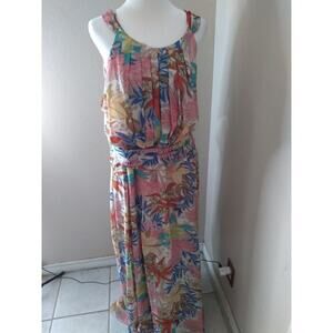 R & K Dress Maxi Multicolored Tie Neck Tie Belt Sz 20W Easter Spring Fairy...